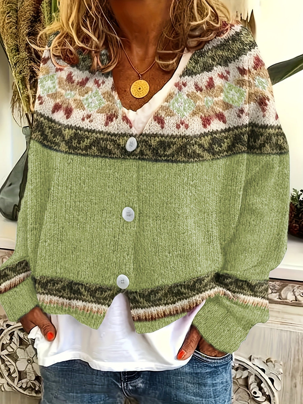 Patterned Button-Front Cardigan – Casual Wear, Layering