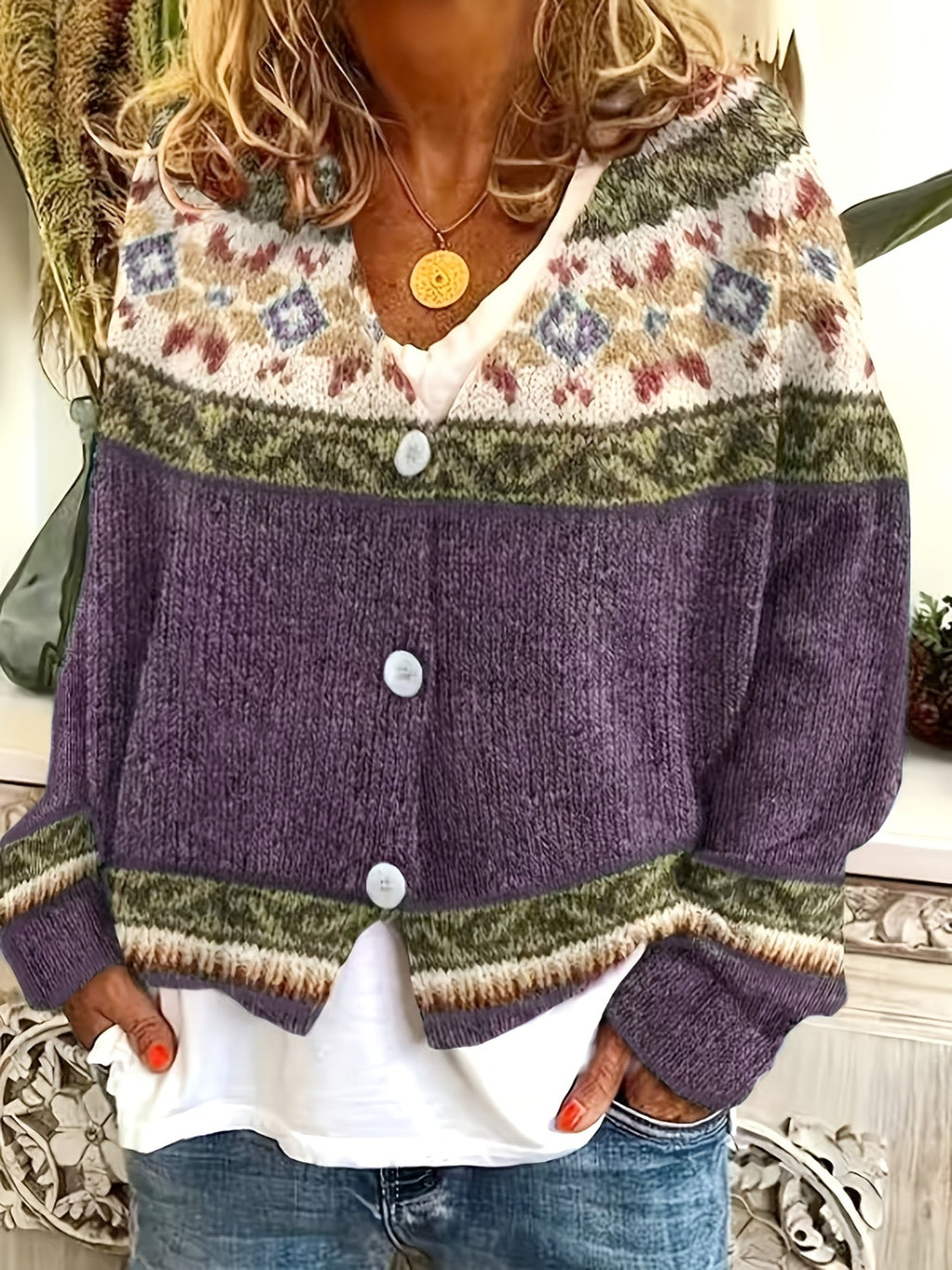 Patterned Button-Front Cardigan – Casual Wear, Layering