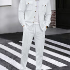 Men's Two-Piece Button-Front Set with Drawstring Trousers – White