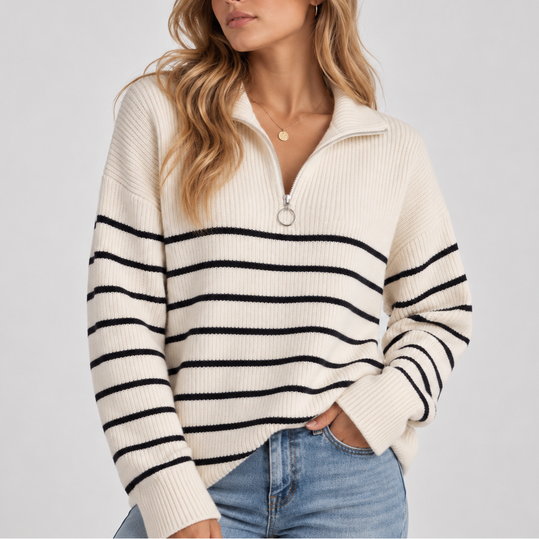 Women's Striped Knit Sweater – Relaxed Fit Pullover, Casual Wear, Everyday Style
