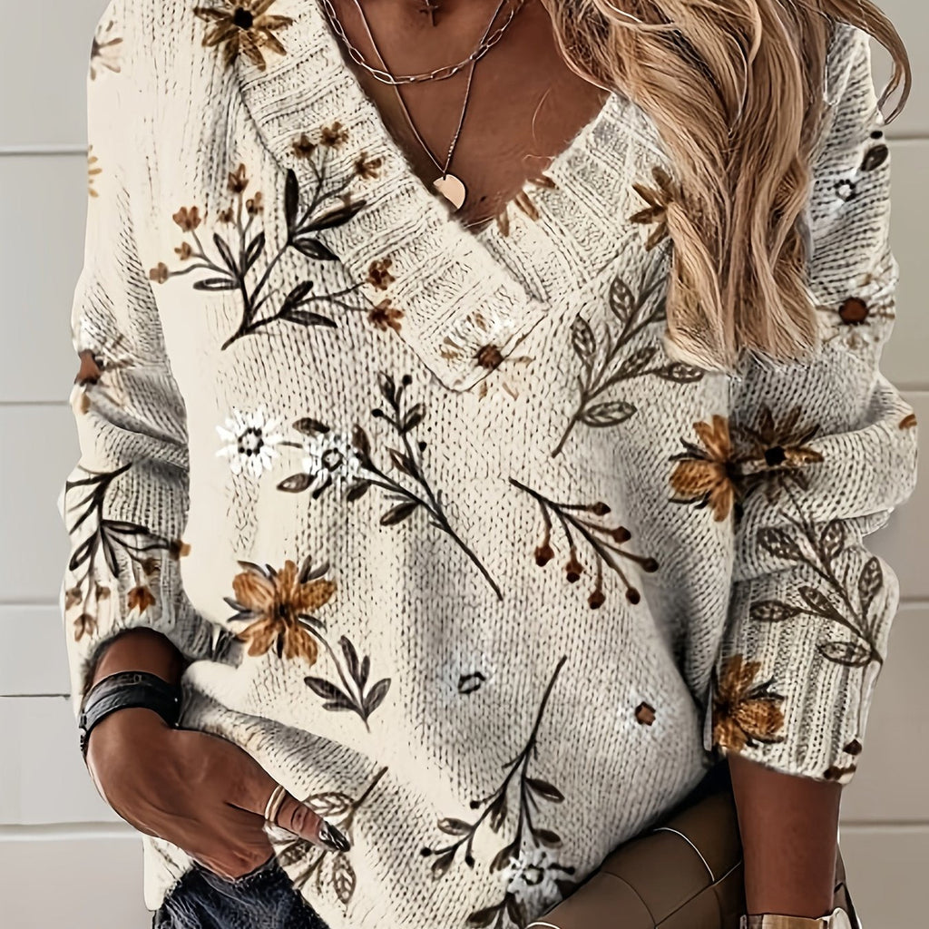 Floral V-Neck Sweater – Casual Wear, Everyday Style