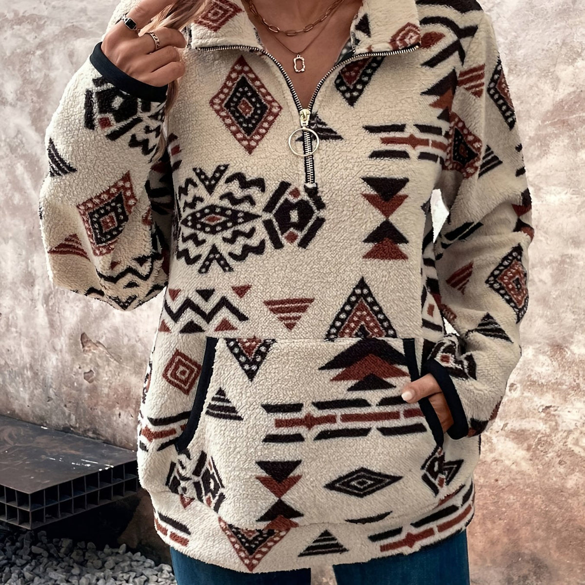 Aztec-Print Quarter-Zip Pullover – Casual Wear, Layering