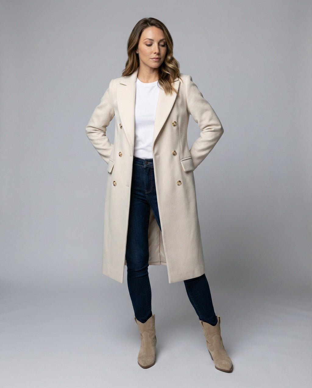 Women's Double-Breasted Winter Coat with Sleeves – Casual, Office