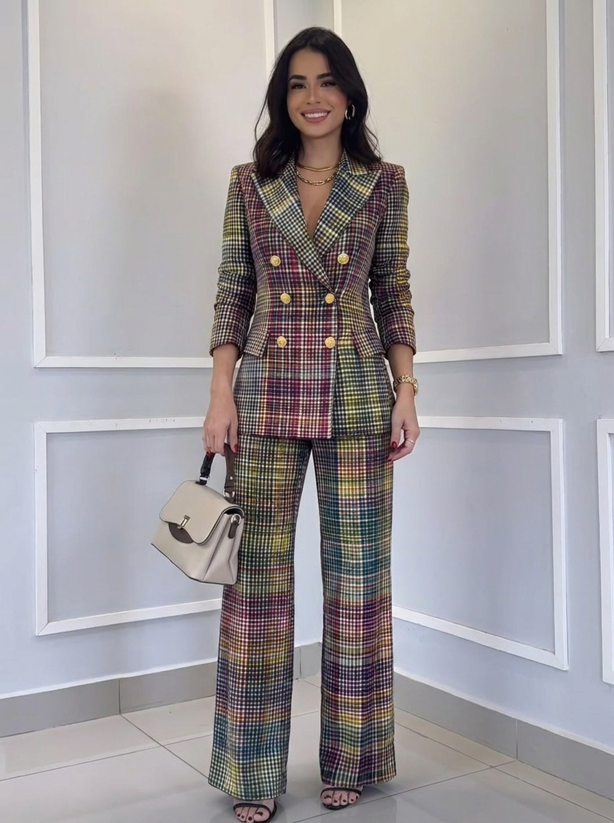 Women's Multicolour V-Neck Trouser Suit – Sculpted Shoulders