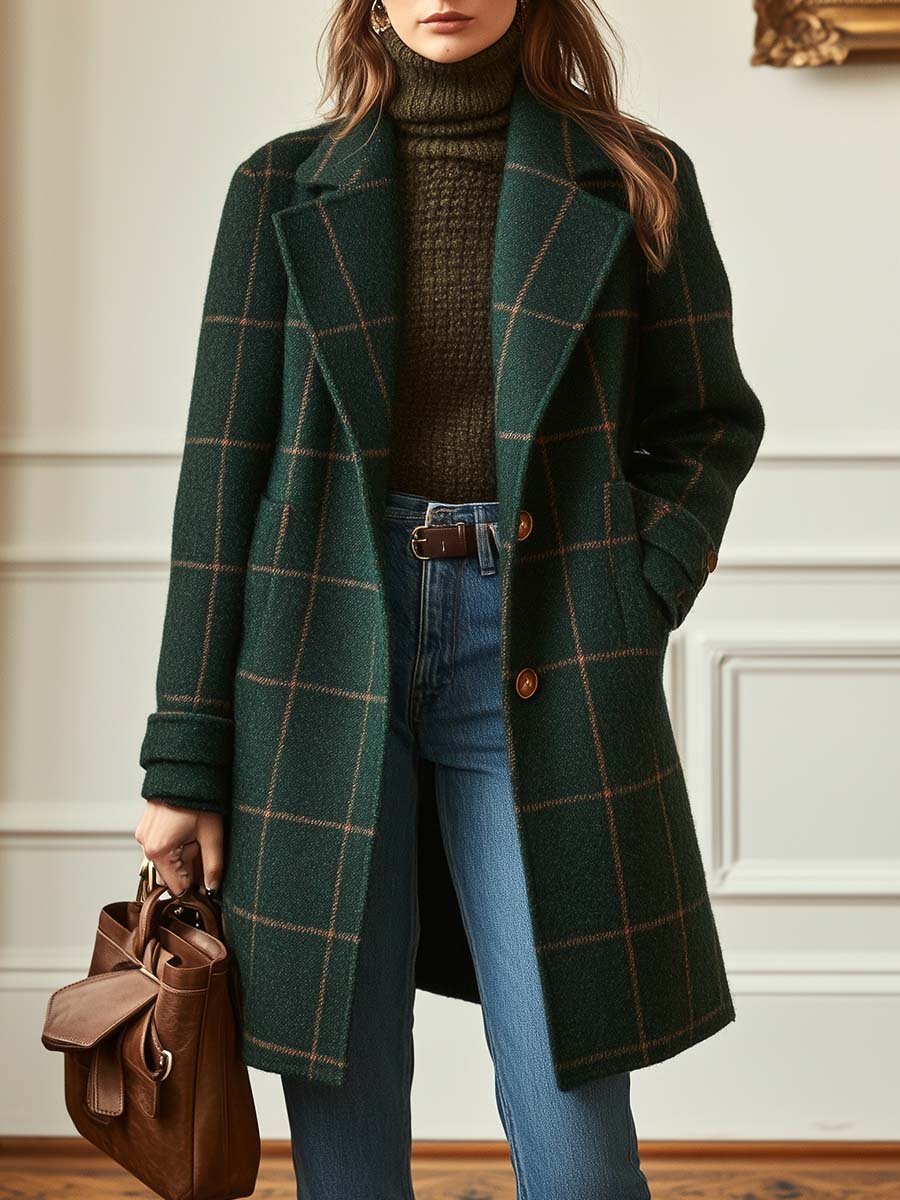 Women's Plaid Tweed Coat with Lapel – Casual, Office