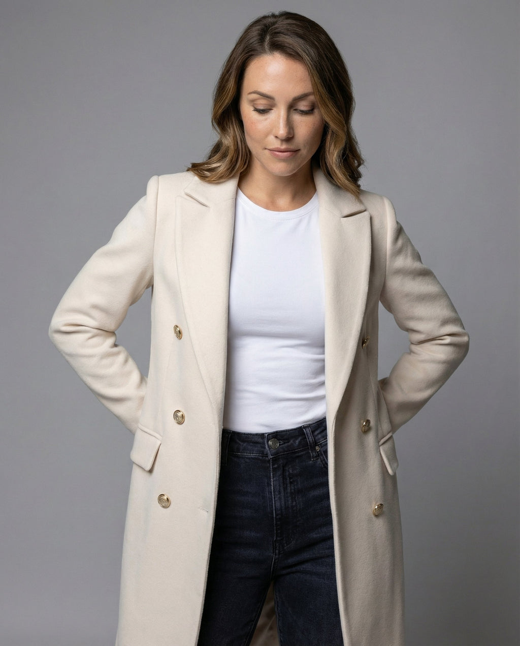 Women's Double-Breasted Winter Coat with Sleeves – Casual, Office