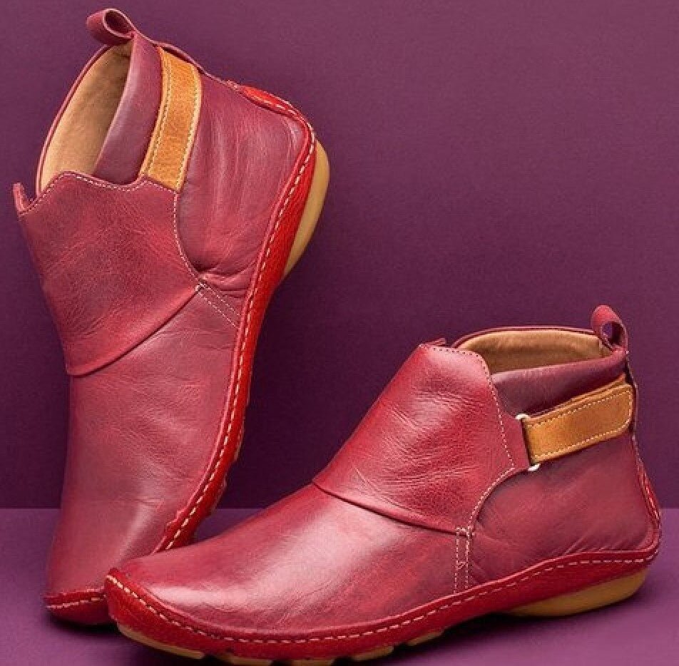 Ankle Boots Leather Women's Red Slip-On Flat Comfort – Casual, Everyday, Office, Autumn Wear, Gift