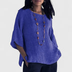Blouse Grey Linen Women's Round Neck Half Sleeve Loose Top – Casual, Office · Werune