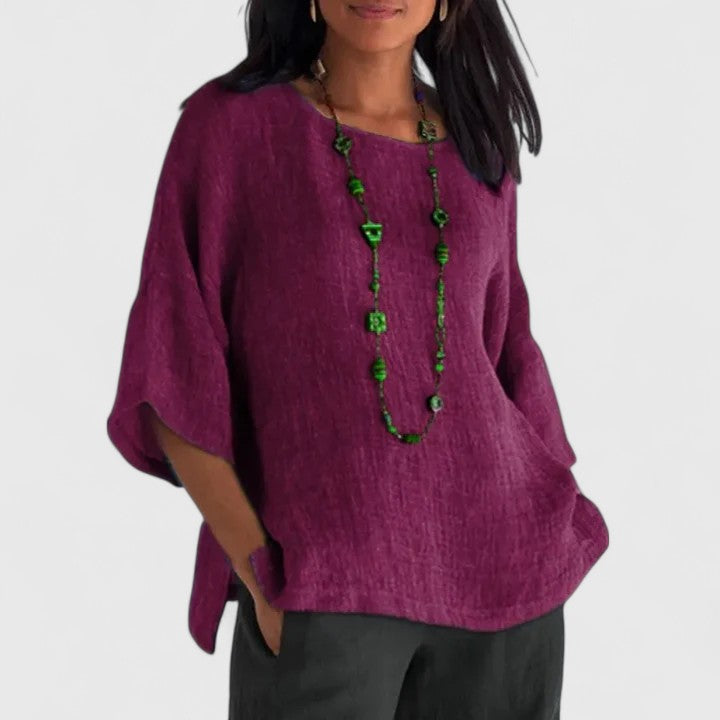 Blouse Grey Linen Women's Round Neck Half Sleeve Loose Top – Casual, Office · Werune