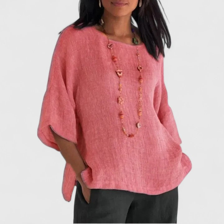 Blouse Grey Linen Women's Round Neck Half Sleeve Loose Top – Casual, Office · Werune