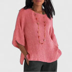 Blouse Grey Linen Women's Round Neck Half Sleeve Loose Top – Casual, Office · Werune