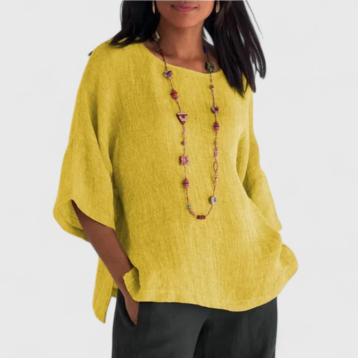 Blouse Grey Linen Women's Round Neck Half Sleeve Loose Top – Casual, Office · Werune