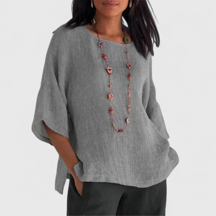 Blouse Grey Linen Women's Round Neck Half Sleeve Loose Top – Casual, Office · Werune