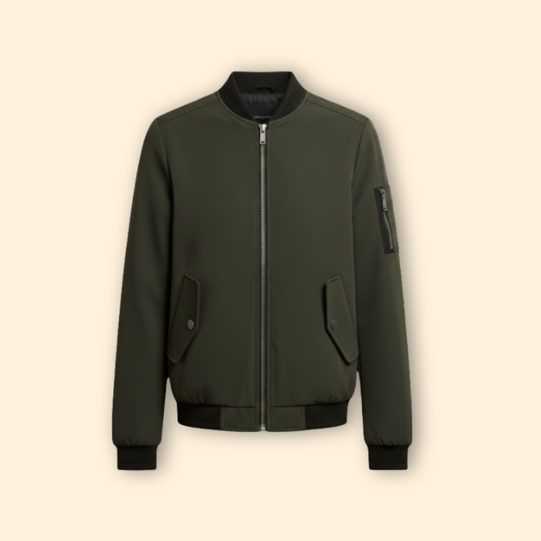 Bomber Jacket Men's Olive Green Zip-Up Ribbed Cuffs – Casual, Office, Holiday, Gift