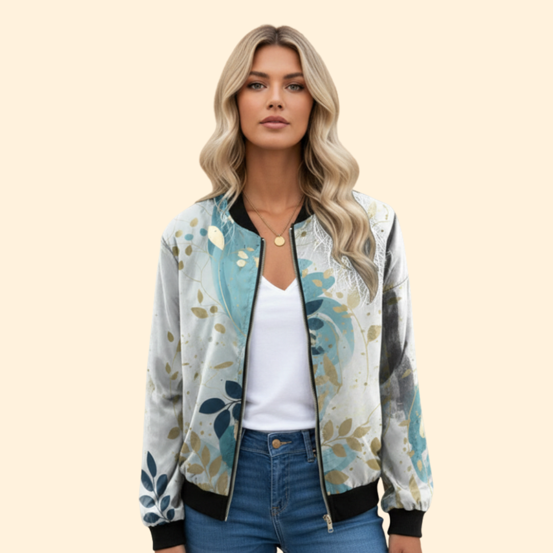 Bomber Jacket Women's Floral Print White Red Full Zip – Casual, Holiday, Office, Gift