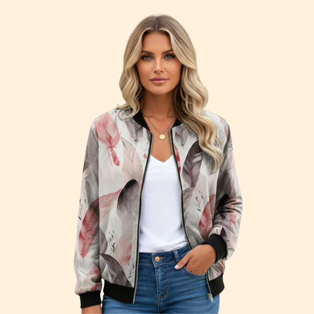 Bomber Jacket Women's Floral Print White Red Full Zip – Casual, Holiday, Office, Gift