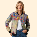 Bomber Jacket Women's Floral Print White Red Full Zip – Casual, Holiday, Office, Gift