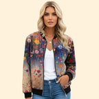 Bomber Jacket Women's Floral Print White Red Full Zip – Casual, Holiday, Office, Gift