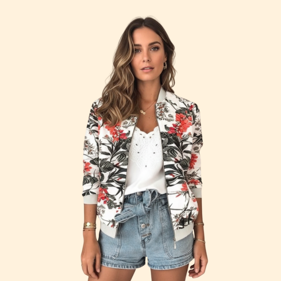 Bomber Jacket Women's Floral Print White Red Full Zip – Casual, Holiday, Office, Gift