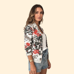 Bomber Jacket Women's Floral Print White Red Full Zip – Casual, Holiday, Office, Gift