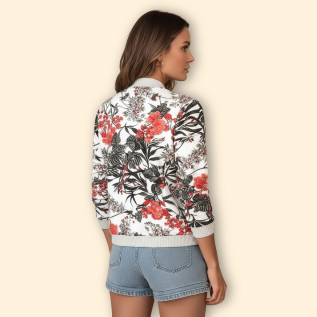 Bomber Jacket Women's Floral Print White Red Full Zip – Casual, Holiday, Office, Gift