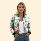 Bomber Jacket Women's Floral Print White Red Full Zip – Casual, Holiday, Office, Gift