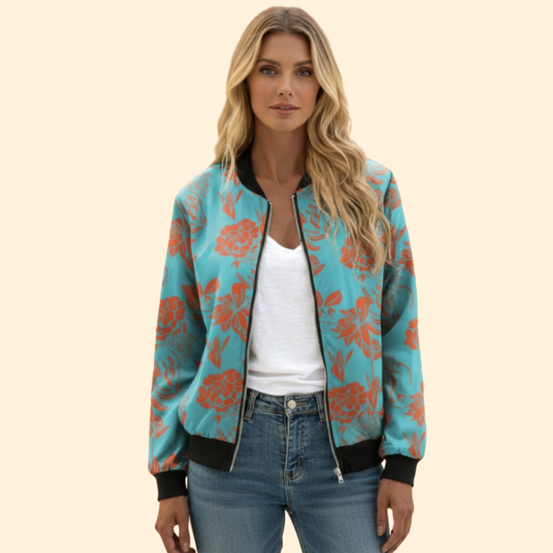 Bomber Jacket Women's Floral Print White Red Full Zip – Casual, Holiday, Office, Gift