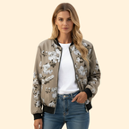 Bomber Jacket Women's Floral Print White Red Full Zip – Casual, Holiday, Office, Gift