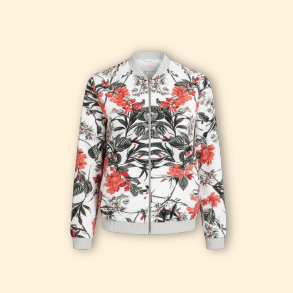 Bomber Jacket Women's Floral Print White Red Full Zip – Casual, Holiday, Office, Gift