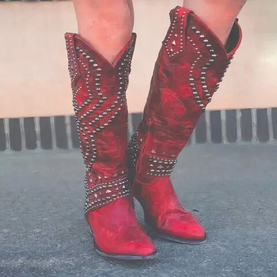 Cowboy Boots Studded Purple Women's Knee-High Block Heel – Casual, Western Gift · Werune