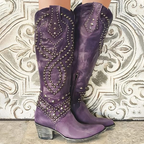 Cowboy Boots Studded Purple Women's Knee-High Block Heel – Casual, Western Gift · Werune