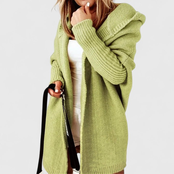 Hooded Cardigan Knitted Women's Coral Batwing Sleeve Open Front Sweater – Casual, Autumn Layering