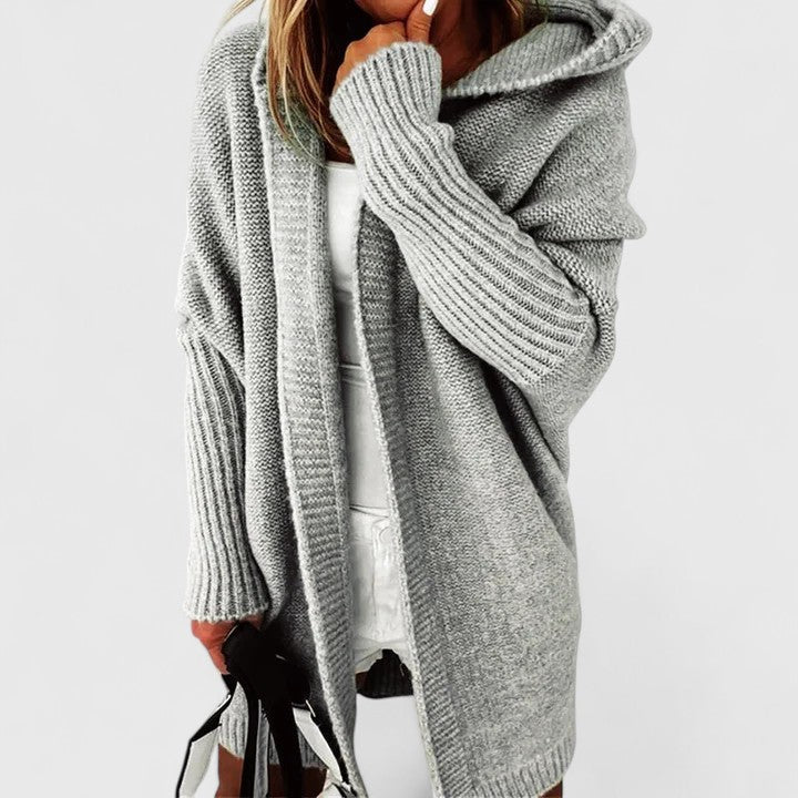 Hooded Cardigan Knitted Women's Coral Batwing Sleeve Open Front Sweater – Casual, Autumn Layering