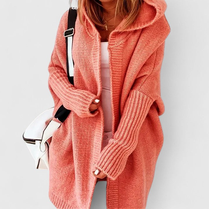 Hooded Cardigan Knitted Women's Coral Batwing Sleeve Open Front Sweater – Casual, Autumn Layering