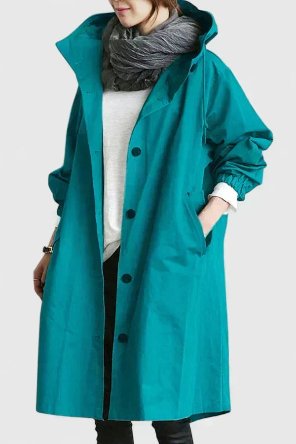 Hooded Trench Coat Women's Grey Loose Longline Button-Up – Casual, Office, Holiday, Gift