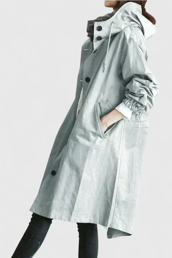 Hooded Trench Coat Women's Grey Loose Longline Button-Up – Casual, Office, Holiday, Gift