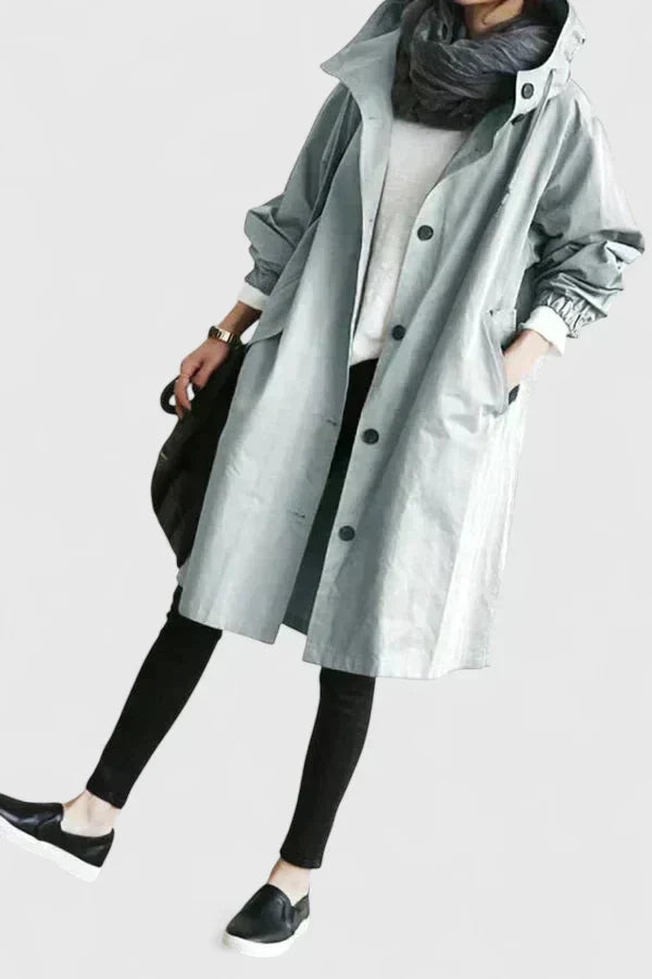 Hooded Trench Coat Women's Grey Loose Longline Button-Up – Casual, Office, Holiday, Gift