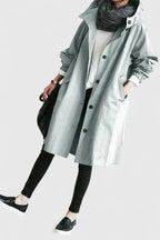 Hooded Trench Coat Women's Grey Loose Longline Button-Up – Casual, Office, Holiday, Gift