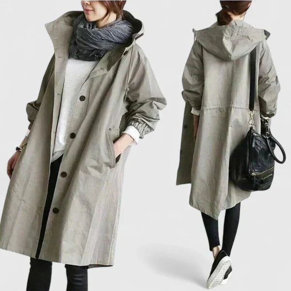 Hooded Trench Coat Women's Grey Loose Longline Button-Up – Casual, Office, Holiday, Gift
