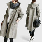 Hooded Trench Coat Women's Grey Loose Longline Button-Up – Casual, Office, Holiday, Gift