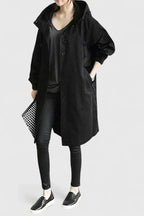 Hooded Trench Coat Women's Grey Loose Longline Button-Up – Casual, Office, Holiday, Gift