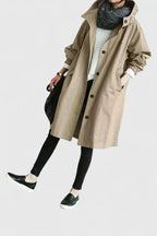 Hooded Trench Coat Women's Grey Loose Longline Button-Up – Casual, Office, Holiday, Gift