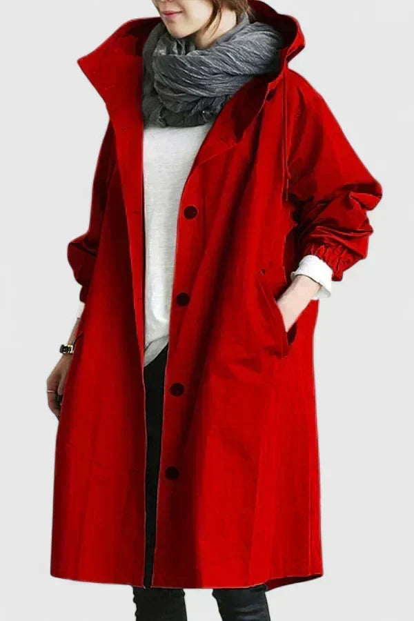 Hooded Trench Coat Women's Grey Loose Longline Button-Up – Casual, Office, Holiday, Gift