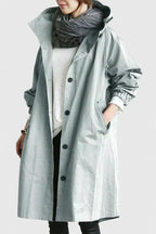 Hooded Trench Coat Women's Grey Loose Longline Button-Up – Casual, Office, Holiday, Gift