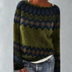 Knit Jumper Fair Isle Pattern Green Women's – Casual, Winter Layering Sweater for Everyday and Office Wear