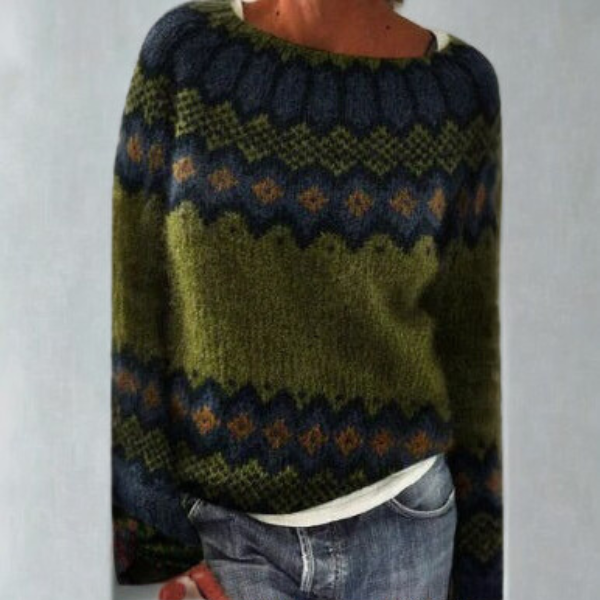 Knit Jumper Fair Isle Pattern Green Women's – Casual, Winter Layering Sweater for Everyday and Office Wear