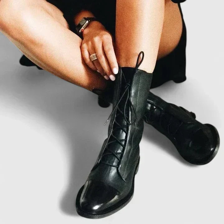 Lace-Up Ankle Boots Leather Black Women's Mid-Calf – Casual, Office, Everyday Comfort