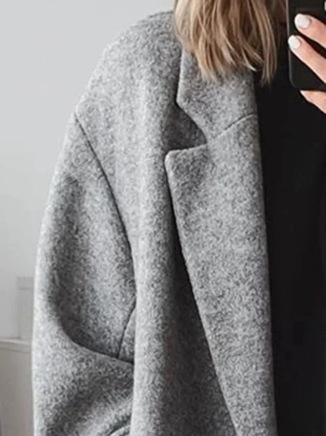 Longline Wool Blend Coat Grey Women's Lapel Overcoat – Casual, Office, Winter, Gift