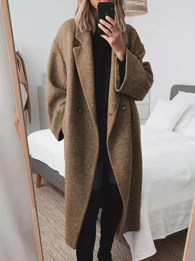 Longline Wool Blend Coat Grey Women's Lapel Overcoat – Casual, Office, Winter, Gift