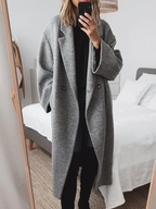 Longline Wool Blend Coat Grey Women's Lapel Overcoat – Casual, Office, Winter, Gift